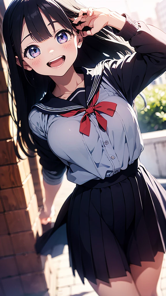 Twin tails、Black Hair、Slanted Eyes、pretty girl、Spoiled brat、uniform、Sailor suit、skirt、Small breasts、Thin chest、Tongue out、skirtを捲る