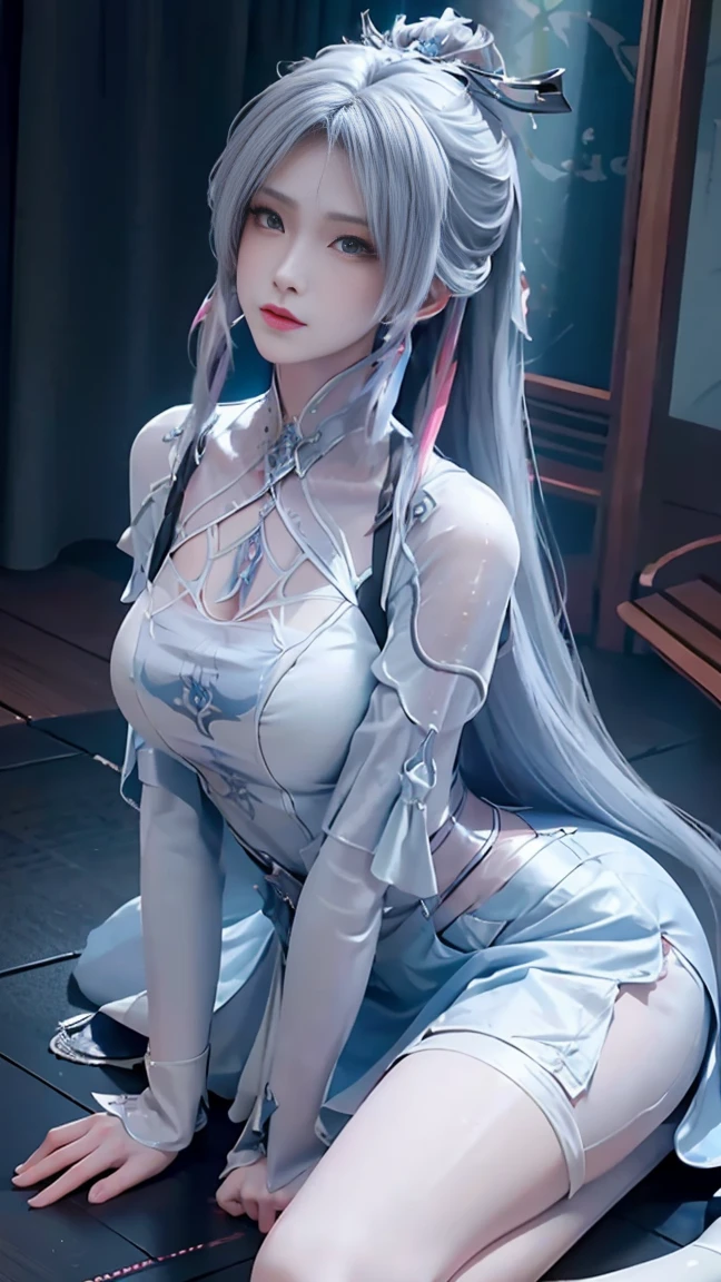 a white hair、Close-up of miss wearing white mask, Beautiful character painting, Gu Weiss, Gurwitz-style artwork, White-haired god, author：Yang Jie, Epic and beautiful character art, Stunning character art, author：Fan Qi, by Wuzhun Shifan, pixiv Art Street Guviz, Single ponytail, insult, High Ponytail, Tall and big, Long legs, (Sleeveless lace shirt), (shorts), (Striped )), ((Striped )), Walk, elegant, dignified, miss, Beautiful curves, sweet smile, Strong sense of detail and layering, color丰富绚丽, Has a unique texture, rich and colorful, color, vivid, Design Art, 16K, Very detailed, {{illustration}}, {Extremely refined}, {Exquisite surface treatment}, Very detailed, Delicate and shining eyes, {{Light}}, 极致Light效果, Model: realism, CFG size: 12, Laura: Bright texture (1.35), high quality, masterpiece, Exquisite facial features, Delicate hair depiction, Detailed depiction of the eyes, masterpiece, best quality, Light線追蹤, Extremely detailed CG unified 8k wallpaper, masterpiece, best quality, (1 girl), 完美miss身材, (((Skinny white T-shirt))), beautiful eyes, (Delicate face), Black short hair, Tie your hair up, Light blue hairpin, Black silk frame glasses, in class, (White skin), (Optimal Lighting), (Super intricate details), 4K Unified, (Very detailed CG), Showing off her white legs, , Hot Pants, shorts,性感Long legs, Thin waist, Sweat is running down my waist, Showing belly, Extremely detailed depiction, Pink Hair, Asymmetrical bangs, Transparent clothes, Hands on thighs, 把目Light移開, 8k resolution, Raise an eyebrow, Shiny hair, flower head, Wristband, bandage，Leather sexy pose, simple grey background, Crawl to the audience, Kitten pose, Get on all fours,