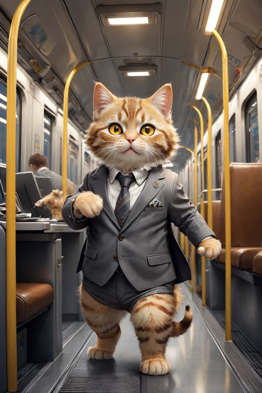 small, かわいいbornき物, I am on a train、Put your hands on the hanging ring、横を向いてAre standing、Wearing a gray suit、Wearing suit pants、commute、Brown leather shoes、 whole body,Small , Are standing, Costumes, Operating a computer、 Fantasy art, Exquisite detail, Jean-Baptiste Monge Style, office、Alan Lee Style, An anthropomorphic, fat, furry tabby kitten with yellow eyes, Movie Scenes, Dramatic shot angles, , Realistic, born々Amazing cinematic photorealism, Action Portrait, 8K, detailed, Full Frame