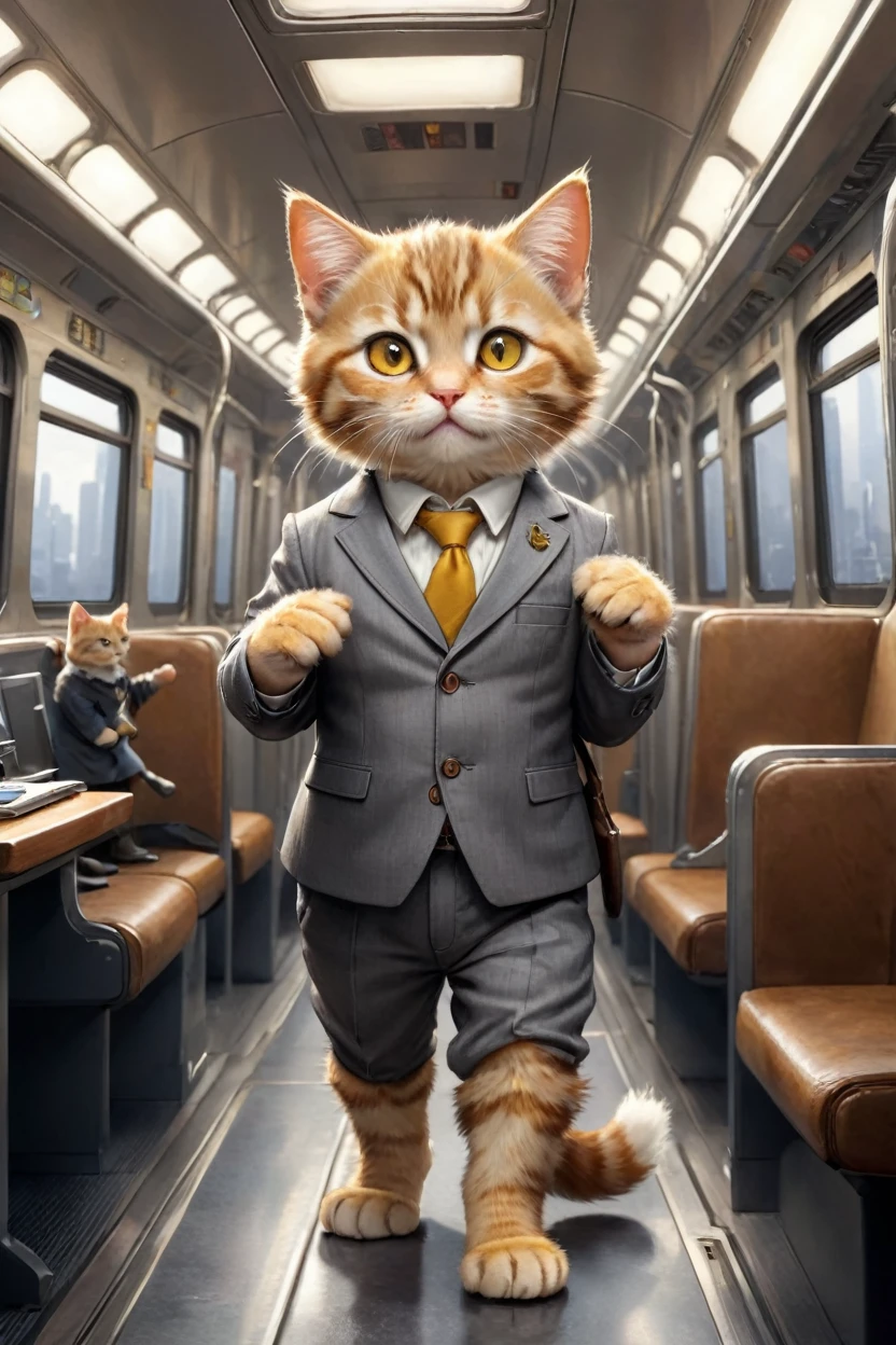 small, かわいいbornき物, I am on a train、Put your hands on the hanging ring、横を向いてAre standing、Wearing a gray suit、Wearing suit pants、commute、Brown leather shoes、 whole body,Small , Are standing, Costumes, Operating a computer、 Fantasy art, Exquisite detail, Jean-Baptiste Monge Style, office、Alan Lee Style, An anthropomorphic, fat, furry tabby kitten with yellow eyes, Movie Scenes, Dramatic shot angles, , Realistic, born々Amazing cinematic photorealism, Action Portrait, 8K, detailed, Full Frame