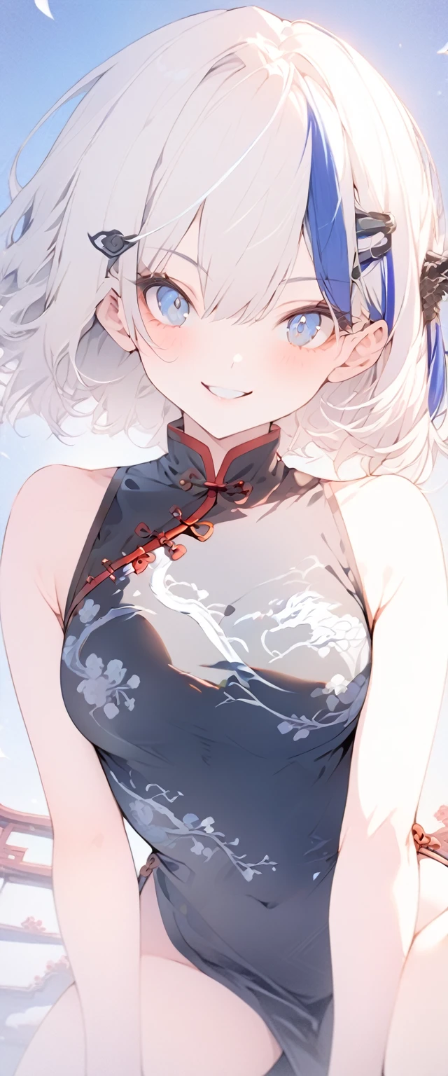 beautiful, masterpiece, Highest quality, anime, One girl, C Cup,Portrait Shot, View your viewers, Intricate details,>,((Covered、Short Hair、nearby、Blue Eyes、art、、White hair,Blue streaked hair、wallpaper、、hairpin、smile、Thighs、Plainer_China dress、Plainer、blue sky、Kung Fu