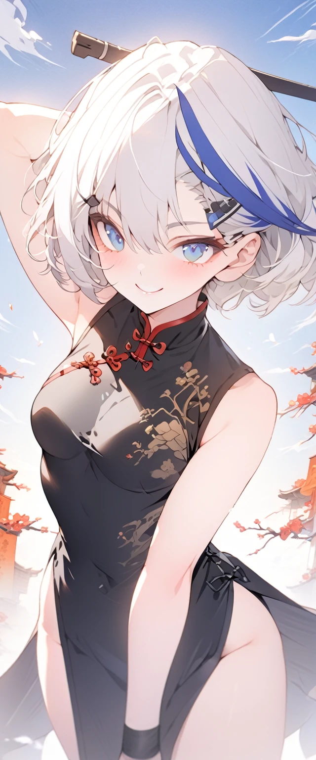 beautiful, masterpiece, Highest quality, anime, One girl, C Cup,Portrait Shot, View your viewers, Intricate details,>,((Covered、Short Hair、nearby、Blue Eyes、art、、White hair,Blue streaked hair、wallpaper、、hairpin、smile、Thighs、Plainer_China dress、Plainer、blue sky、Kung Fu