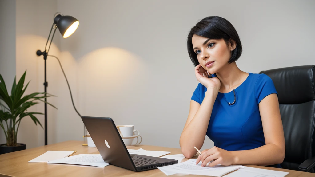 a freelance girl working in the office, corporate businessgirl, office interior, desk, computer, papers, coffee mug, focused expression, business attire, pencil skirt, blouse, high heels, short black hair, blue eyes, (best quality,8k,highres,masterpiece:1.2),ultra-detailed,photorealistic,photo-realistic:1.37,realistic,professional,studio lighting,vivid colors