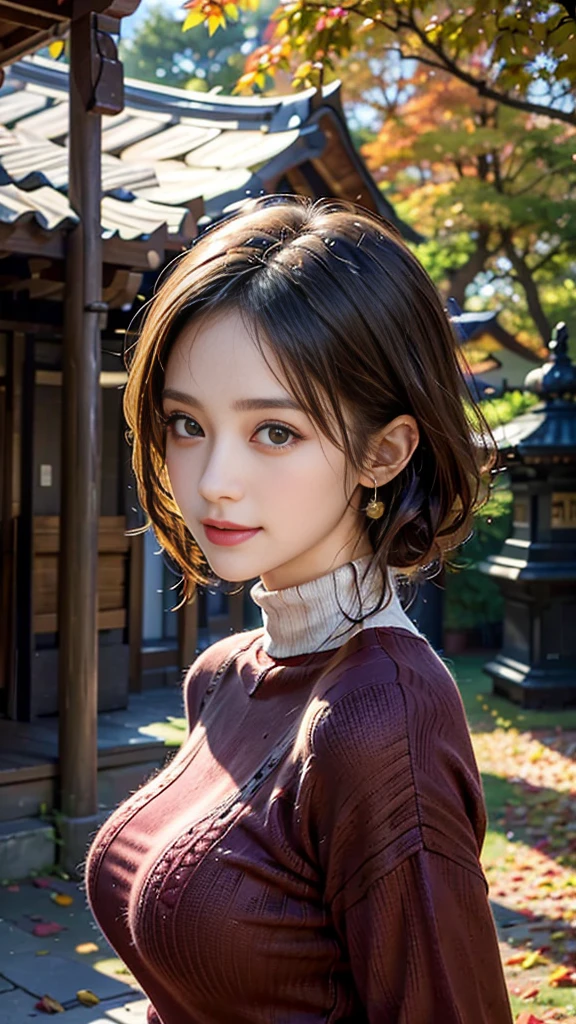 (8K high image quality), (top-quality), (RAW image quality),(masutepiece:1.2), (Realistic), (Photorealistic:1.37), Goose egg face,largeeyes,long eyelasher,Exquisite(Live-action realistic style),The Ultimate Face,Photorealistic light and shadow,Clear facial features,milky skin,Fair skin, highdetailskin,Realistic skin details,Visible Pore,(Super Detail),Hair length is random, (Flowing hair),Best portraits,Shot from a short distance, 1-girl, Cute,Beautiful detailed eyes, beautiful detailed nose, highlydetailed skin,Full body ,(eyecontact),(Colossal tits、Breast Abundance)、(Beautiful face with double eyelids), (Realism: 1.4),High image quality, excellent details, Ultra-high resolution, (Show your best smile to the audience), , favor details,,delicate and beautiful face,,20yr old,(Beautiful Face 1.4),A slender, (Red knitted sweater with turtleneck:1.2)、(Long pleated skirt:1.2),((At a shrine with an autumn atmosphere,Colored leaves)),The color of the skirt is random,,Show your smile,,Medium Hair,(I wear a long skirt)