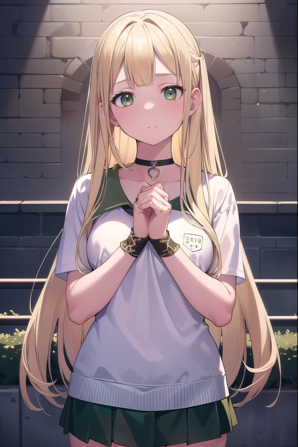 Blonde Hair, choker, (Green Eyes:1.5), Long Hair, dress, skirt, blush, blush stickers, Hands clasped in front,Place your hands near your crotch, school swim wear, break looking at viewer, break outdoors, city, break (masterpiece:1.2), highest quality, High resolution, unity 8k wallpaper, (figure:0.8), (Beautiful fine details:1.6), Highly detailed face, Perfect lighting, Highly detailed CG, (Perfect hands, Perfect Anatomy),