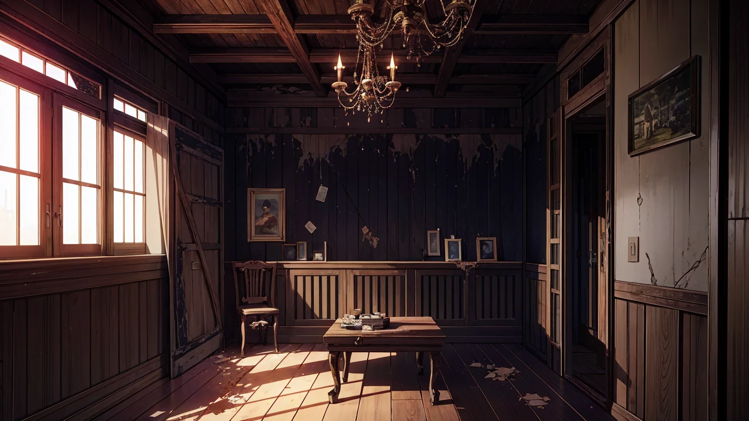Old abandoned damaged wooden house,masterpiece,game CG,アニメ,Unmanned, No human,background,,,dark, wooden, spider webs, wooden boards, broken windows, big mansion,Indoor Background