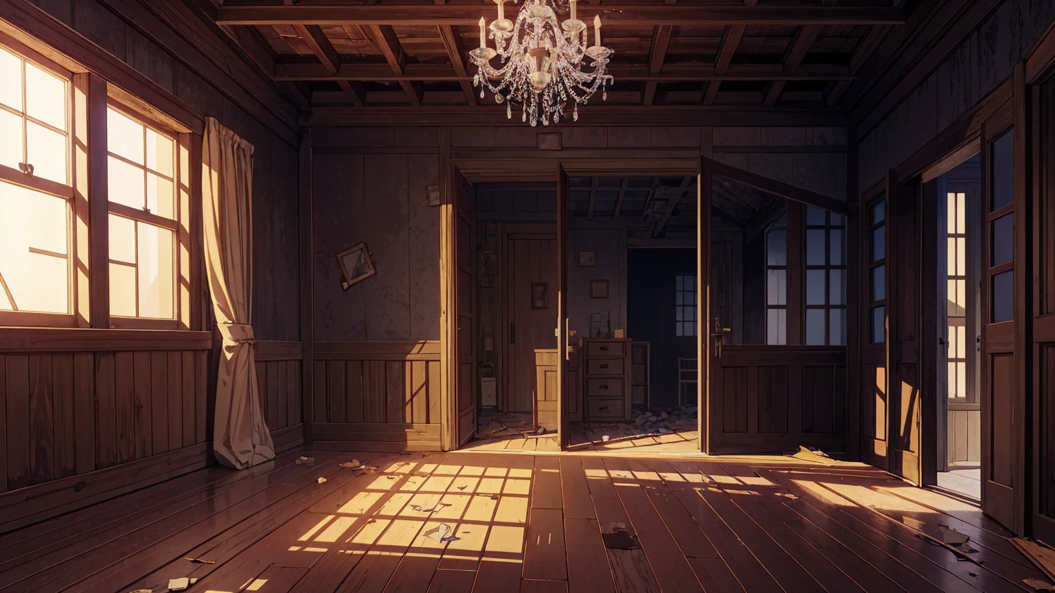 Old abandoned damaged wooden house,masterpiece,game CG,アニメ,Unmanned, No human,background,,,dark, wooden, spider webs, wooden boards, broken windows, big mansion,Indoor Background