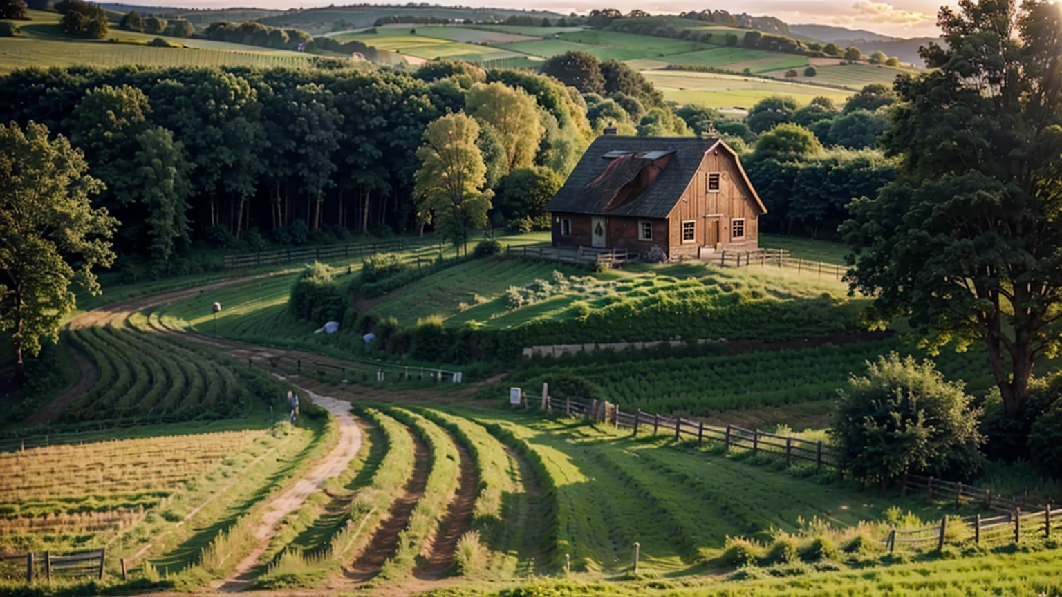 a rural farm with lush green fields, a small wooden house, a red barn, dirt path, detailed landscape, beautiful sky, golden sunlight, cinematic lighting, highly detailed, 8k, photorealistic, artstation, concept art