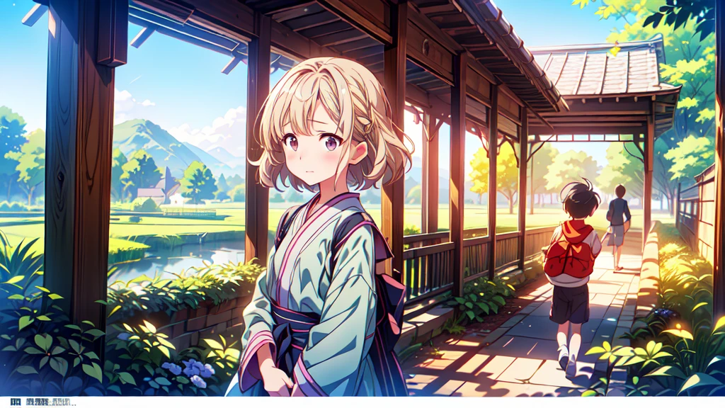 1girl、(((Parent and 、Highest quality、Masterpiece、Official Art、The best dynamic composition)))、(detailed)、Anime Style、A tranquil view of the countryside、Departure、The little boy grew up and became independent、A mother sees her off at the station in tears、