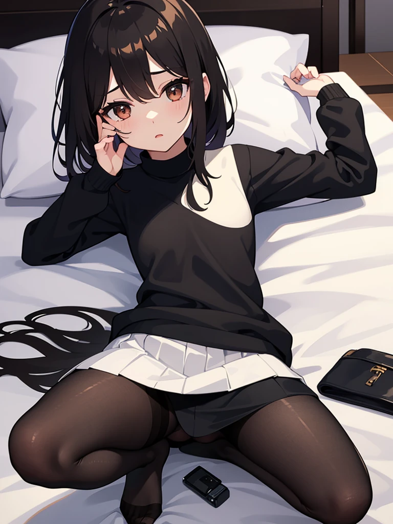 Spread your legs、girl、Home、night、On the bed、Short black skirt、Black Pantyhose、White sweater、Long, dark hair、Not wearing pants、Female organ、Brown eyes