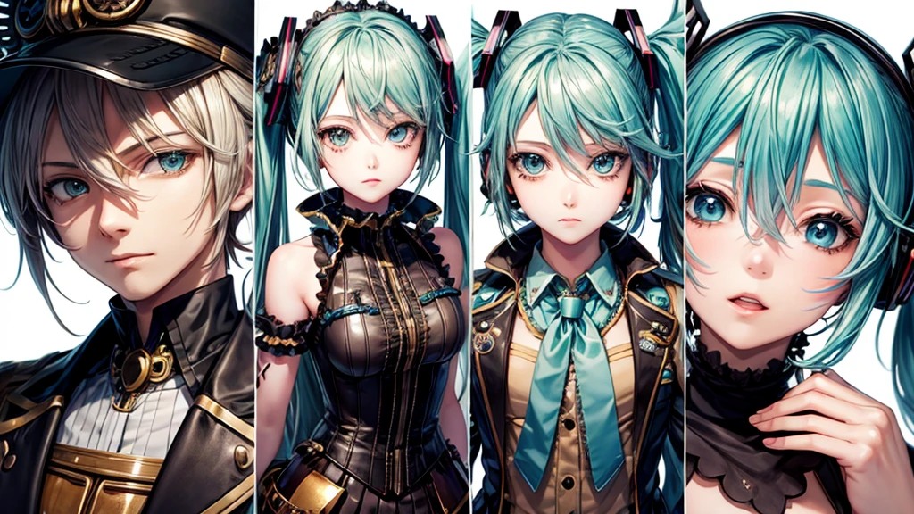Vocaloid,
hatsune miku,
Steampunk costumes,
Detailed facial expressions,
Detailed facial expressions, detailed hair description,