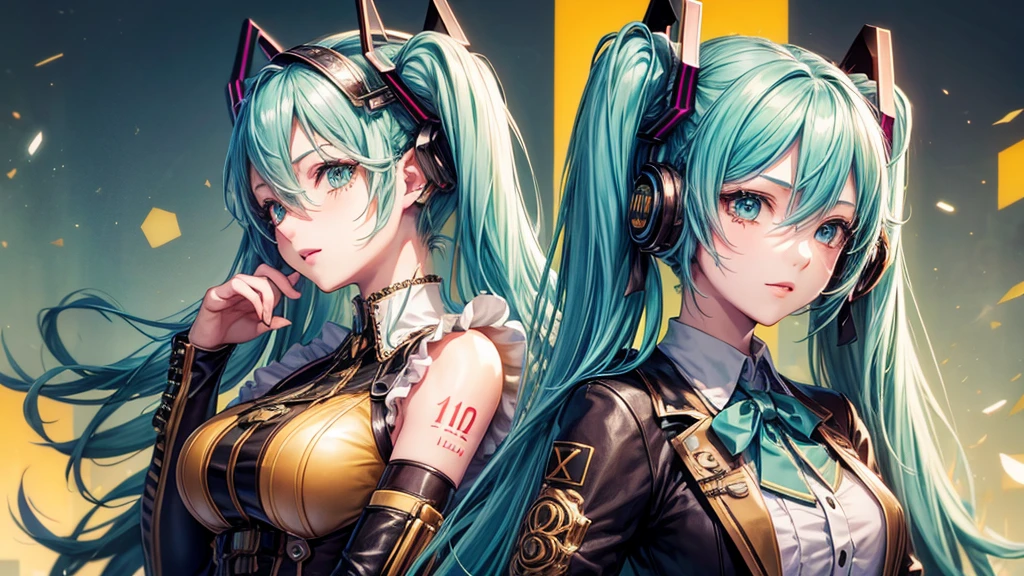 Vocaloid,
hatsune miku,
Steampunk costumes,
Detailed facial expressions,
Detailed facial expressions, detailed hair description,