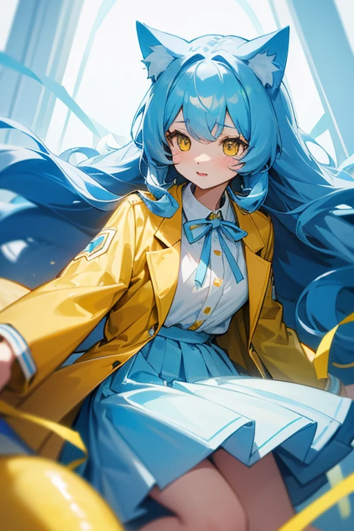 Light blue, slightly long curly hair、Cat ear、Yellow Eyes、White blouse、Yellow jacket、Light blue skirt、Light blue ribbon on chest、Girl、cute