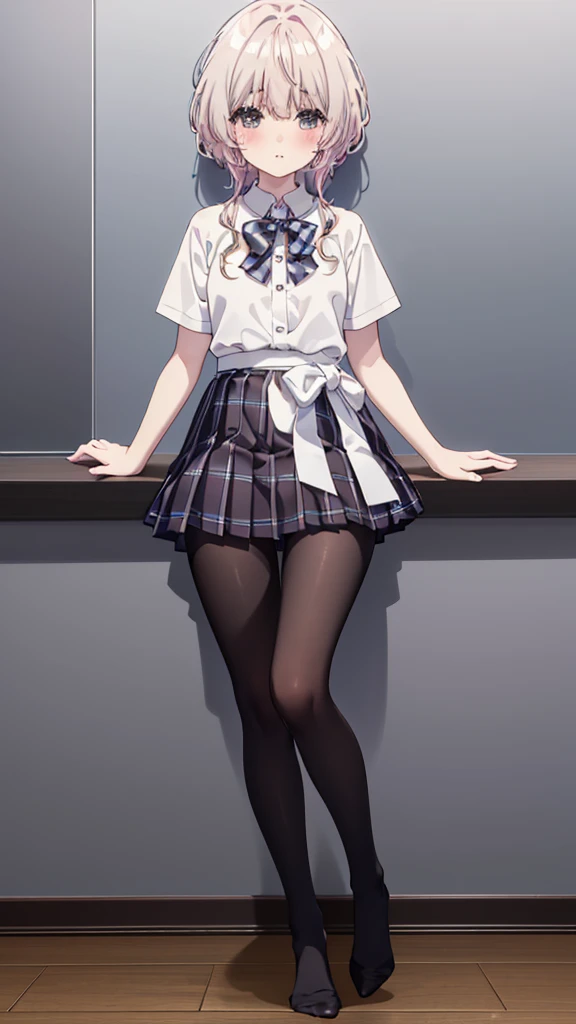 (8K、Best image quality、Highest quality、masterpiece)、One tall girl、((whole body))、M-shaped legs spread in bed、White panties are visible、Wavy Hair、blush、Medium Bust、White collared shirt、Short sleeve、((Checkered pleated mini skirt))、((black tights))、Black Pantyhose、((No shoes))