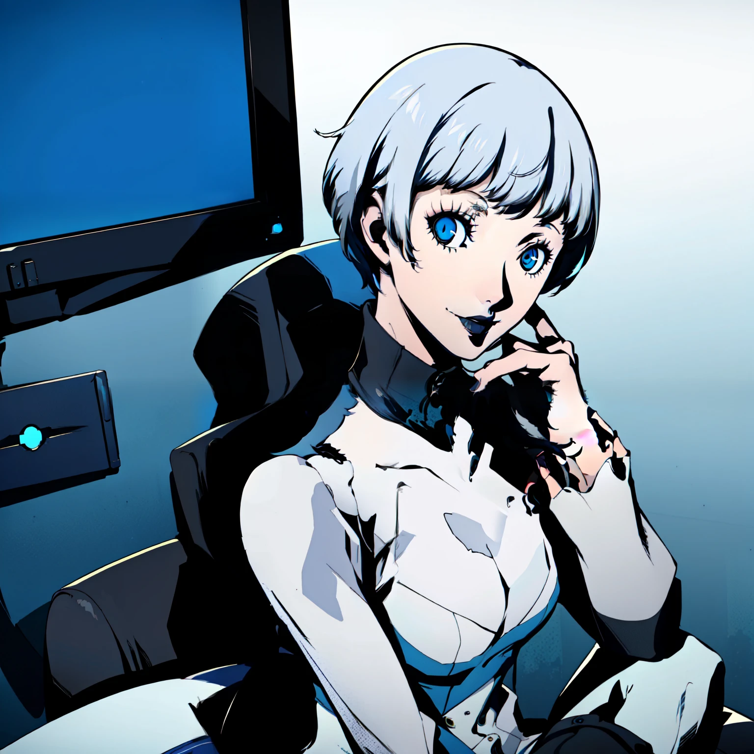 masterpiece, ((best quality)),((1 girl)), blue eyes, Short hair, black lipstick, white hair, female , tomboy Pixie haircut, deep blue suit, white hair, white hair,smiling,hacker,in the,dark room,sitting,looking monitor,cute,blue background
