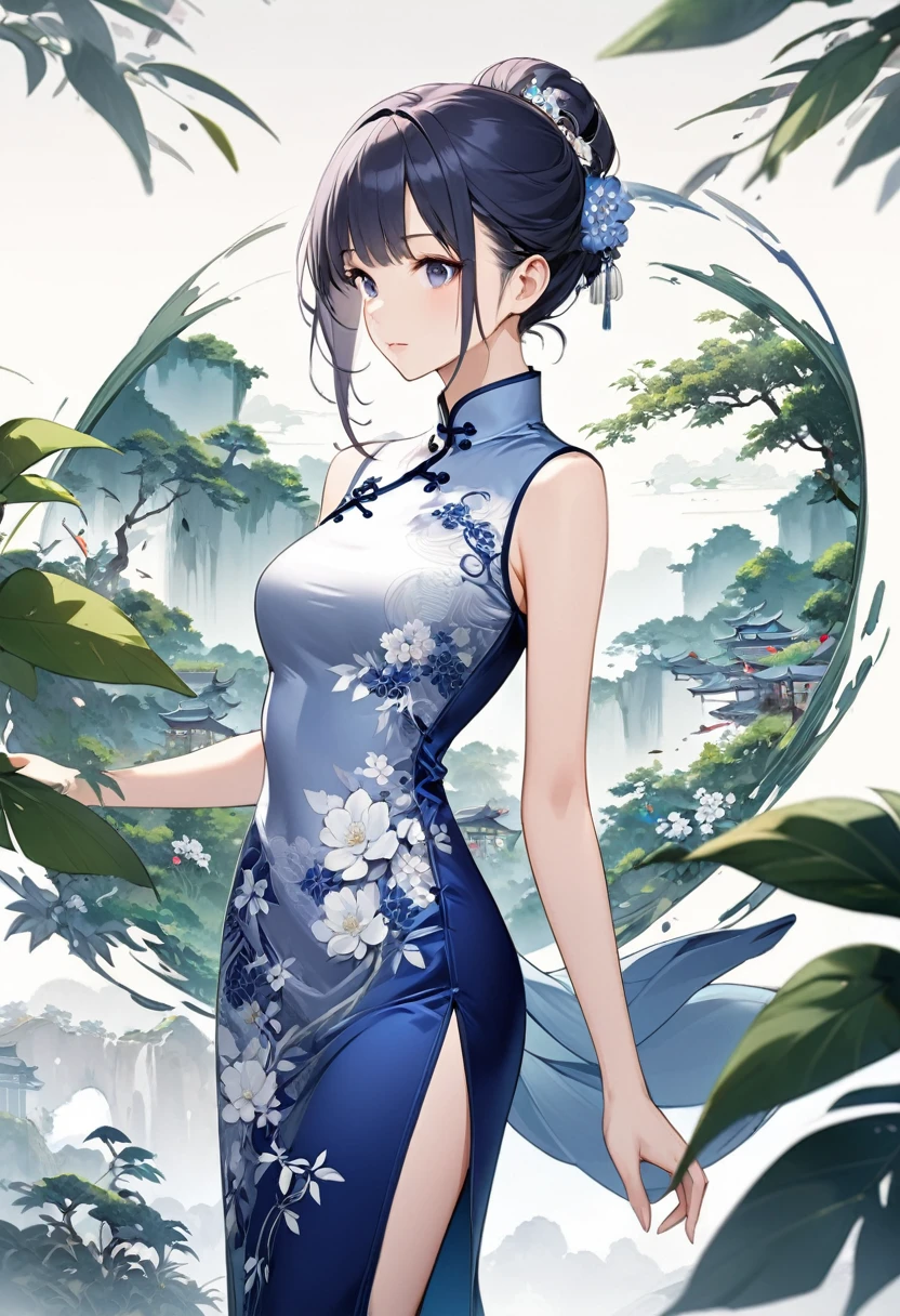 
     Wearing indigo cheongsam(Long silk cheongsam in color and silver embroidered flowers )Oriental beautiful girl with perfect anatomy beautiful elegant art masterpiece background is(minimalist plane)Abstract blurred giant leaf oriental ink painting style clean clear colors super detailed animation art perfect composition intricate details meticulous digital art