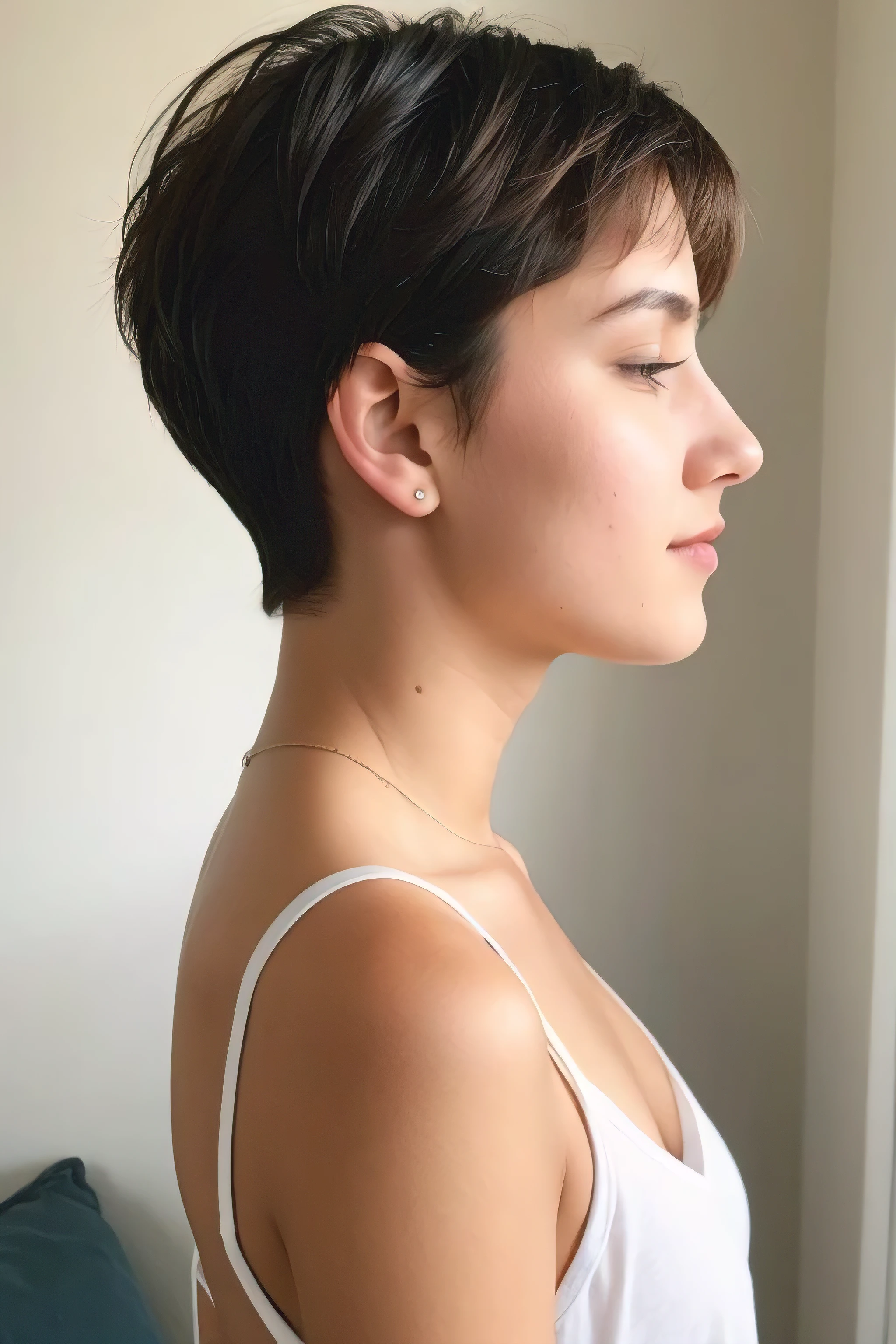 19 year old girl with short hair looking from the side showing her entire body