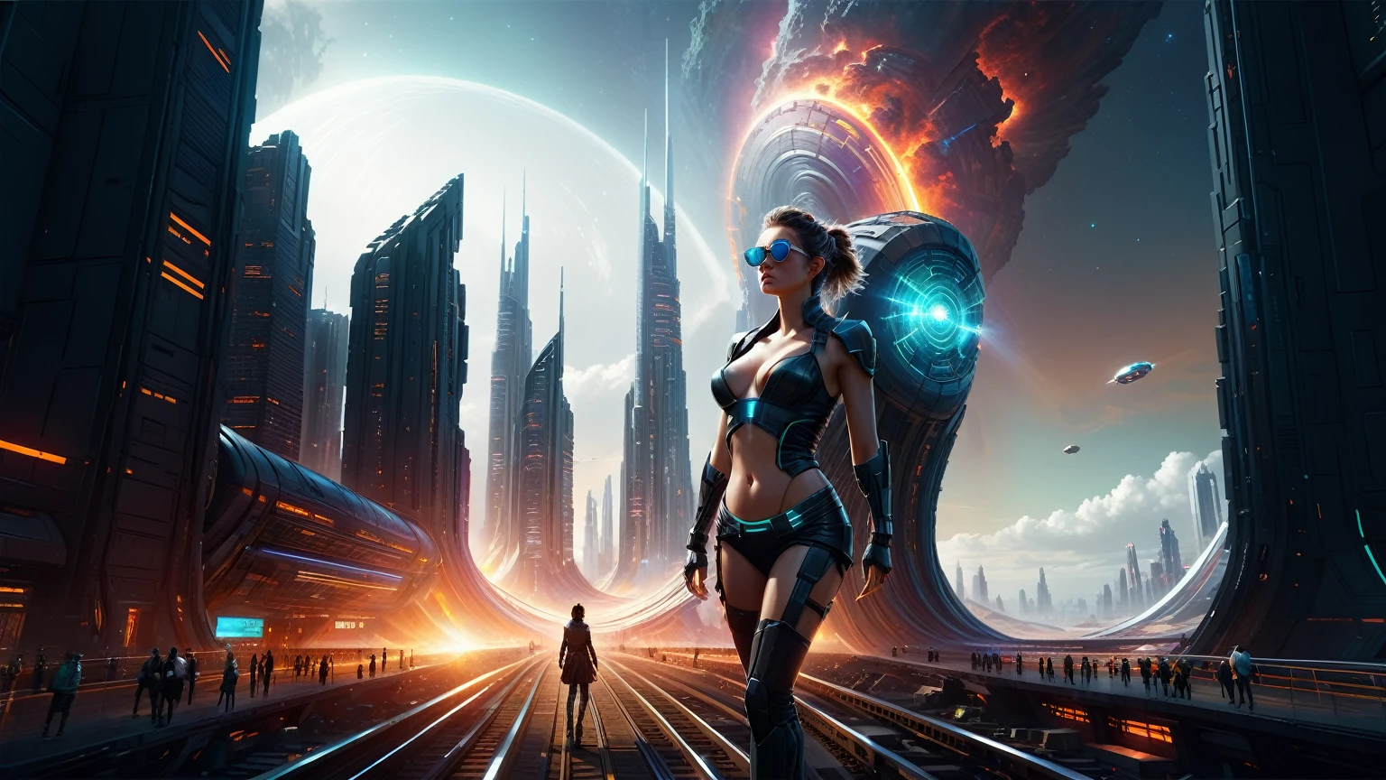 Brightly colored abstract aerial view image of a (((((futuristic railway station))))) with a spiral, a (((futuristic all-glass train))) passing by, epic beautiful space sci-fi, chaotic cinematic space rift, Greg Beeple, planets colliding, Beeple and Tim Hildebrandt, Beeple and Jean Giraud, end of the universe, (((giant glass lion sculpture))), galaxy space sci-fi, ringworld, by Mike "Beeple" Winkelmann. Matrix style, (((Matrix cascading code))), (((a futuristic twin tower skyscraper with a unique twisted design))), (((OLED GUI interfaces in the building))), at night, (((((1girl, solo))))), photo realistic, (((((((large-breast:1.2 body, cleavage:1.4))))))), (((((off broken mini sling-shirt and black sling bra, extreamly short pleated miniskirt exposing panty))))), (((((running pose))))), (((((((matrix style black micro sunglasses))))))), ((((((((((aiming with a short gun)))))))))), (((((looking at camera))))), (((very low view))), (((((half-body thigh level medium shot))))), (((cinematic lighting))).