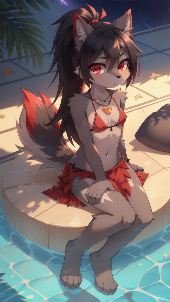 furry girl, wolf, black hair, punk hairstyle, huge long spiky ponytail, anime style, small breasts, red eyes, ((deep red bikini ruffled triangle, high cut bottom, star necklace, beach sarong with shooting stars on hips)), high quality, detailed body, detailed eyes, detailed face, masterpiece, glistening body, detailed body fur, best quality, two tone body, gray fur, clear gray fur, perfect lighting, perfect shadows, perfect eyes, perfect hair, perfect face, gorgeous body, skinny, solo, :3, pool, sunny sky, sitting,