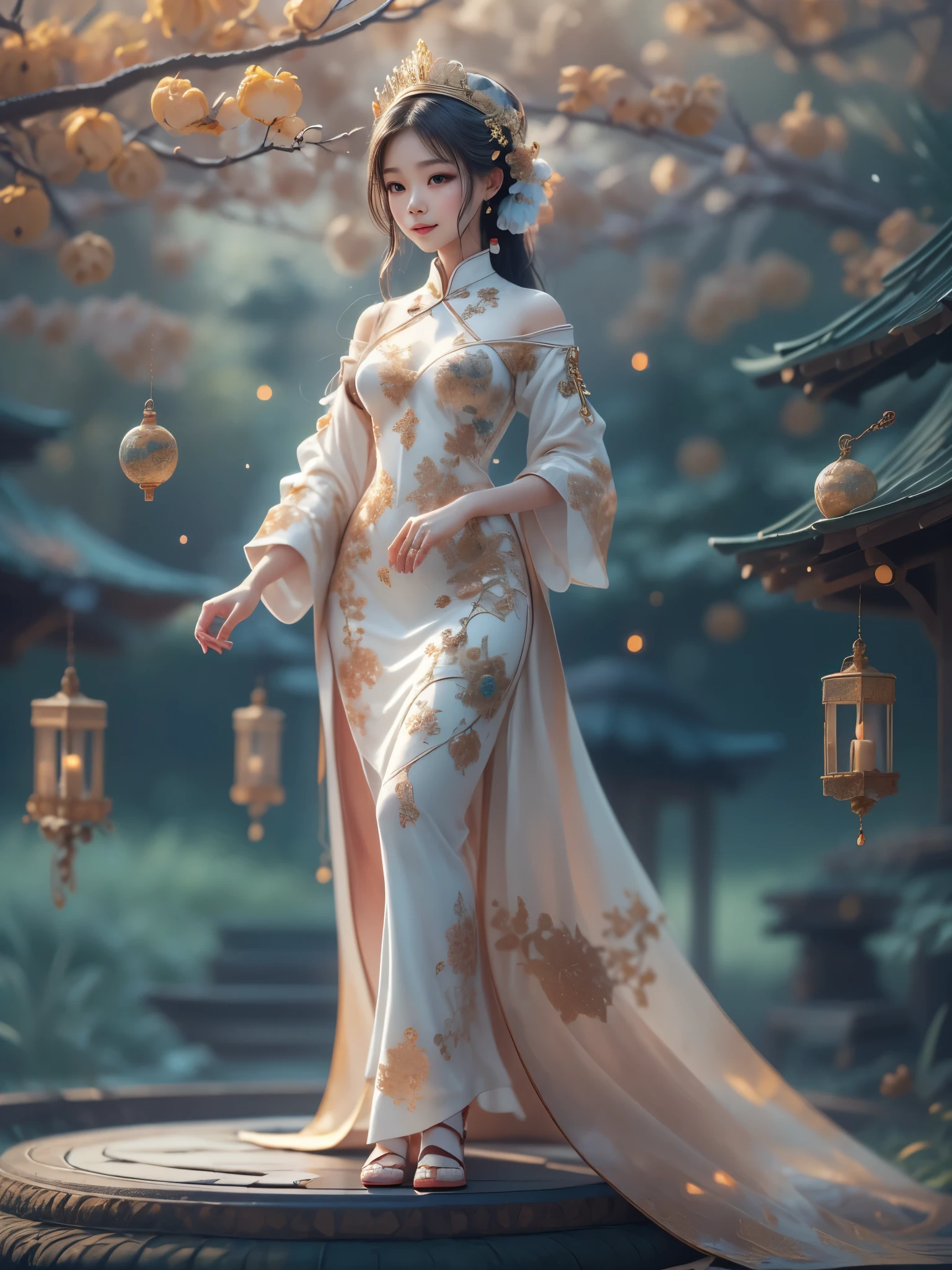 (full-body shot:1.4), Space Art, (1 Cheongsam woman)，whole body，Standing，Transparent robotic arm，slim body，Perfect proportions，Exquisite hair accessories，Smile，Transparent mechanical shoes，Oriental elements，(bokeh)，high quality，4K，3d