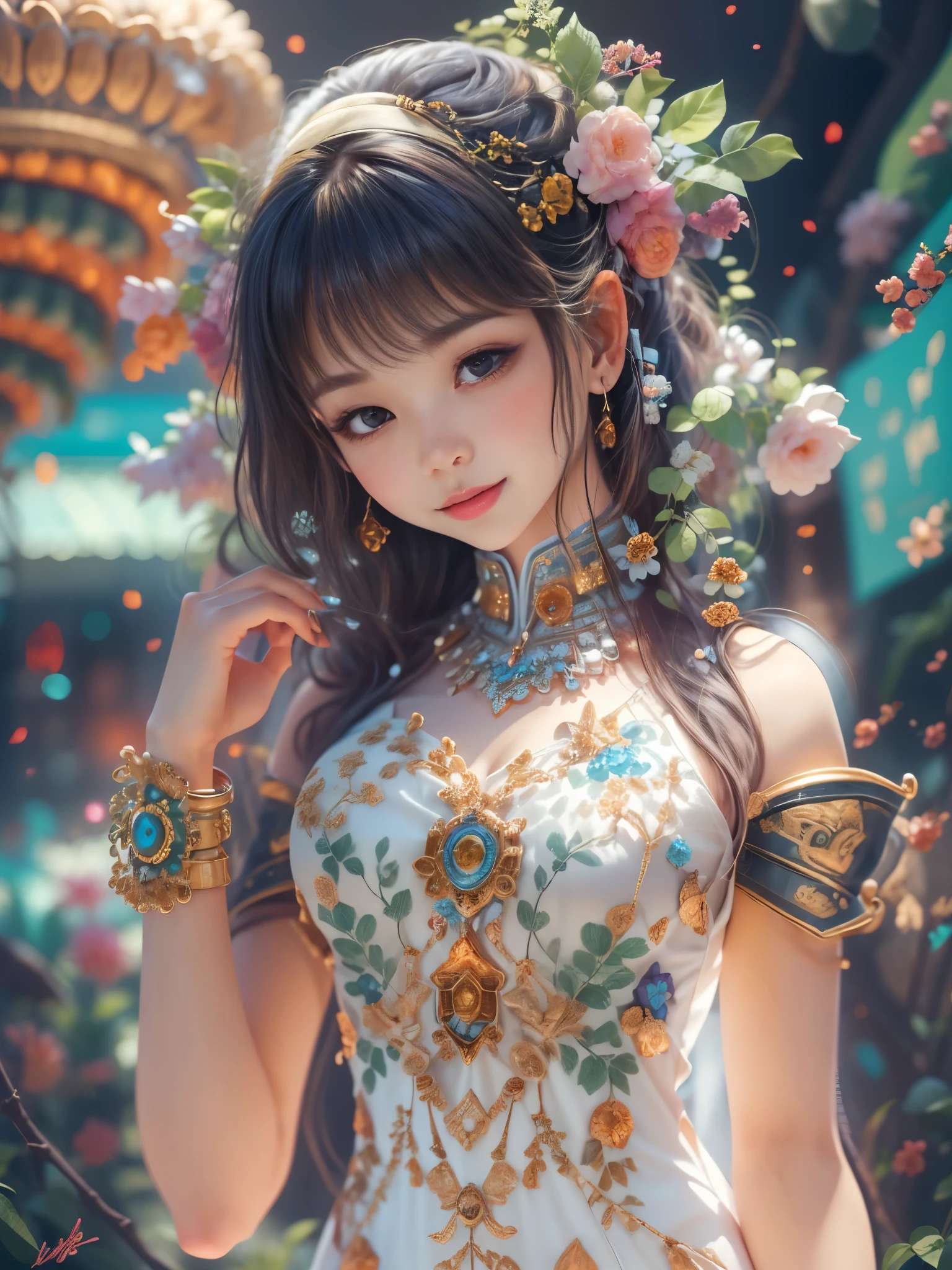 (full-body shot:1.4), Space Art, (1 Cheongsam woman)，whole body，Standing，Transparent robotic arm，slim body，Perfect proportions，Exquisite hair accessories，Smile，Transparent mechanical shoes，Oriental elements，(bokeh)，high quality，4K，3d