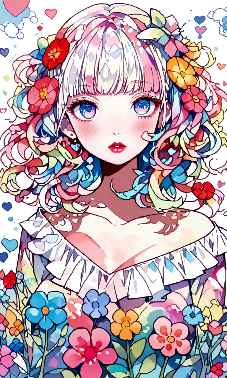 Eku Uekura Style、(((stylish fashion))), 8K Quality、Intense watercolor, Detailed watercolor art, Watercolor splash, Surreal, avant-garde pop art, Beautiful and expressive paintings, Beautiful artwork illustration, Very colorful tones, wonderful, Cool beauty, highest quality、Official Art, Vector art, Stylish design, (((The most beautiful girl))), (((highest quality))), HDR, ((detailed)), (((Doodle Art)), ((masterpiece)), ((Super detailed)), (((Colorful flowers))), colorful hearts, (((Stylish))), Lips in love