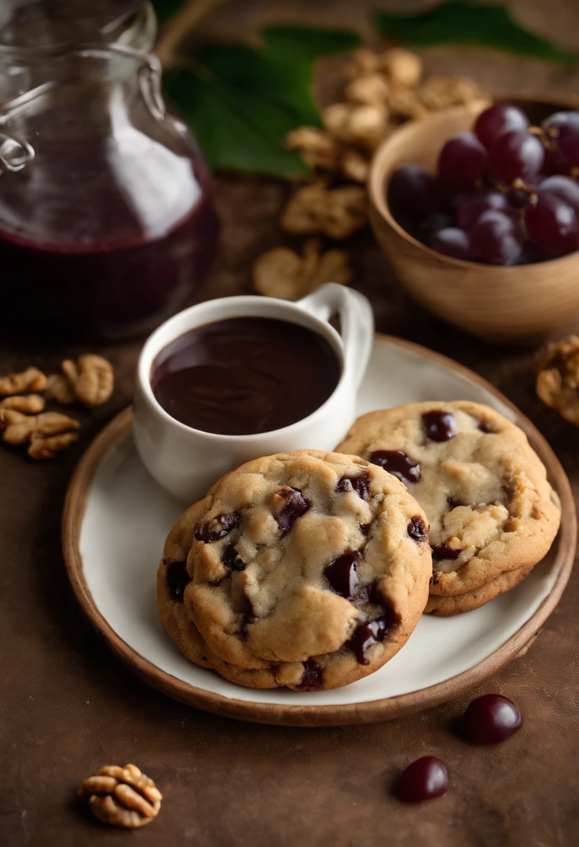 Cookie, Cookie cookie, chocolate, with grape sauce, chocolate chip cookie with chocolate chips and walnuts, (cookie with grape sauce por cima), realisitic, high resolution, 4K, scenario (not nature), Cookies de chocolate with grape sauce, professional foto, best photographer in the world, grade, optical zoom, cookies com calda de uva, cookies com calda roxa, cookie com calda de uva