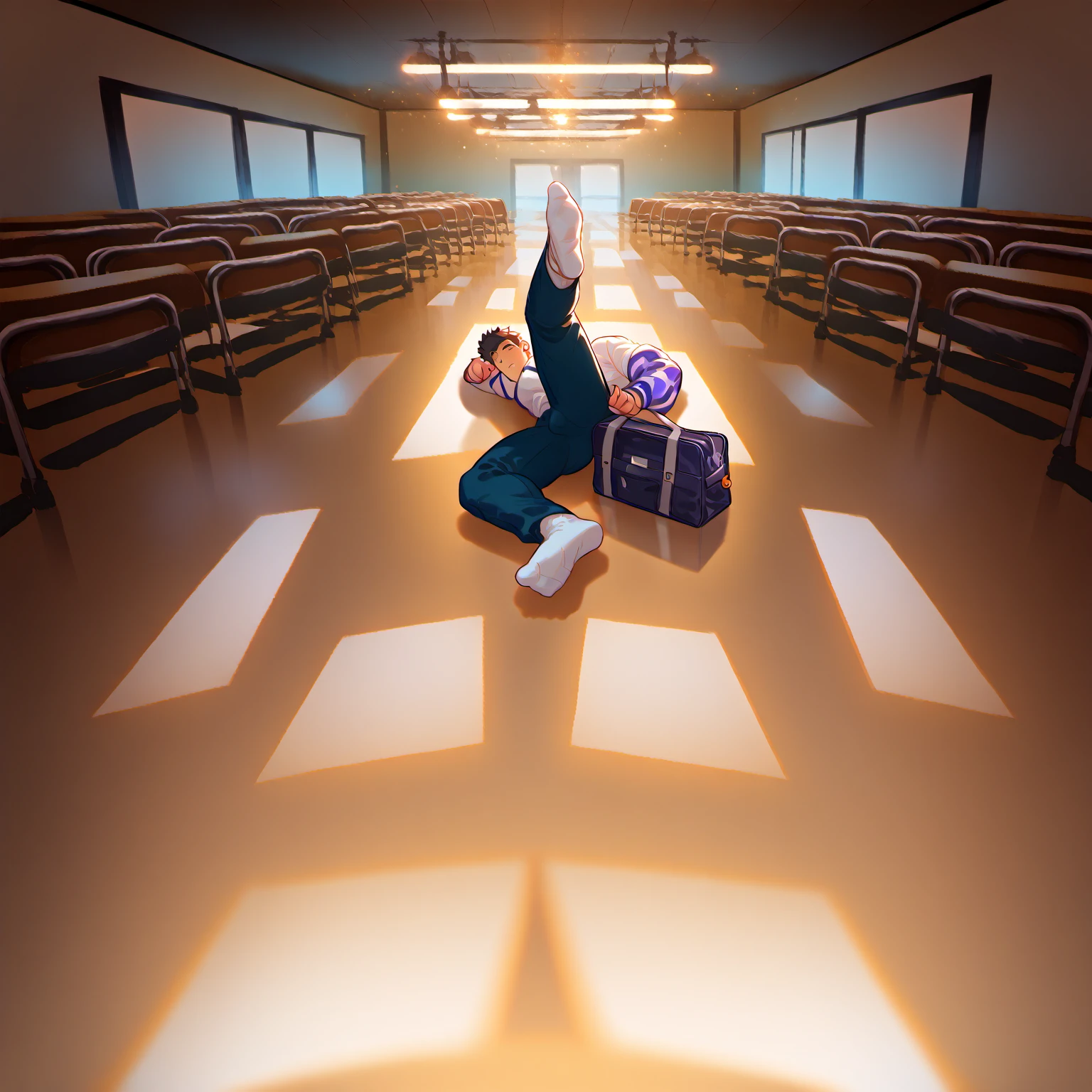 score_9, score_8_up, score_7_up, score_6_up, rating explicit, focus male, source anime, schoolboy,A virgin,large pecs,Big bag,Only white thongs were worn,Wear white socks,Half lying down,CG sense,POV perspective,spread their legs,dark ambiance,8K,movie light effect,ctextured skin,Best quality,Images that tell a story,Images that tell a story,dynamic blur,actionpose,Look up at the perspective