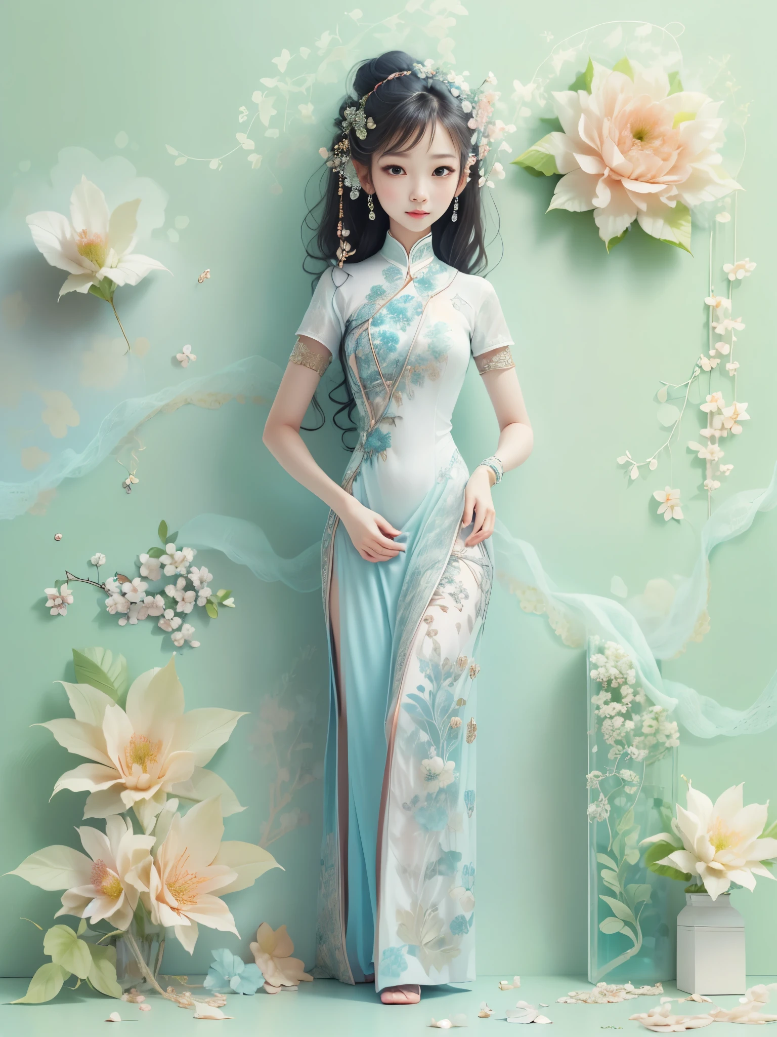 (paper art, Quilted paper art, 3d), (full-body shot:1.5), 1 Cheongsam woman，shy，slim body，Perfect proportions，Exquisite hair accessories，Smile，Oriental elements，Simple background，Mint Green，(Soft lighting，bokeh)，high quality，4K