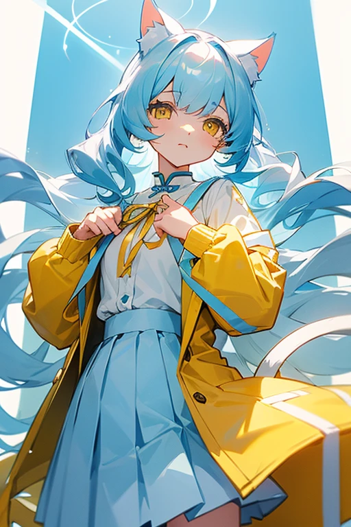 Light blue, slightly long curly hair、Cat ear、Yellow Eyes、White blouse、Yellow jacket、Light blue skirt、Light blue ribbon on chest、Girl、cute