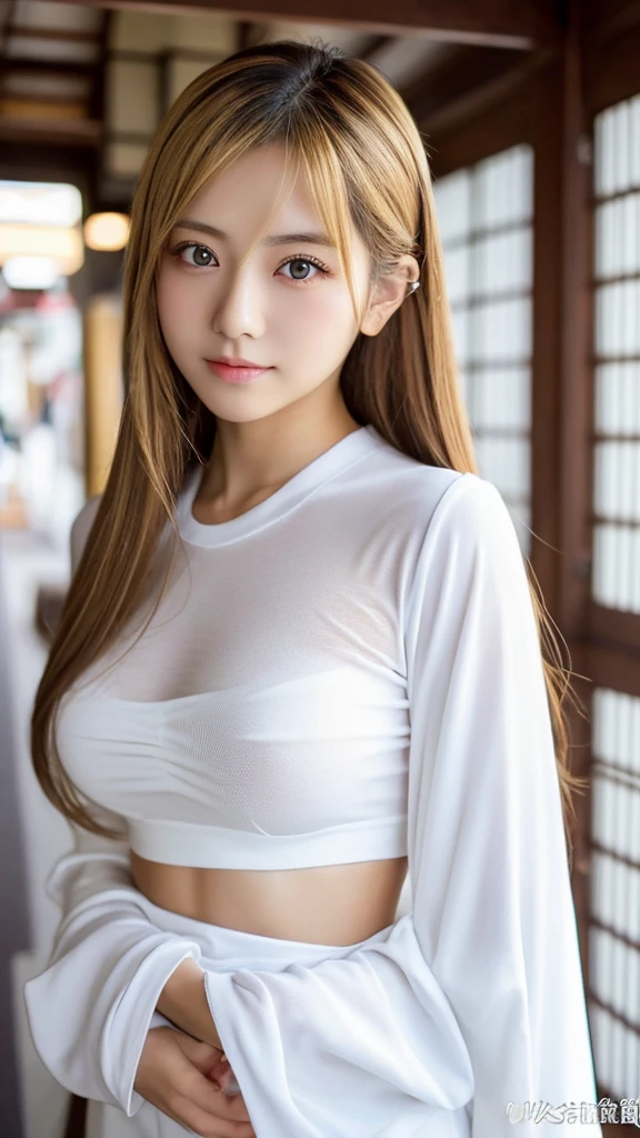 busty japanese lady、whole body、front、The most beautiful woman in Japan、He is wearing a white long-sleeved set、Bright eyes with sharp details（Looking into the camera）Blonde、