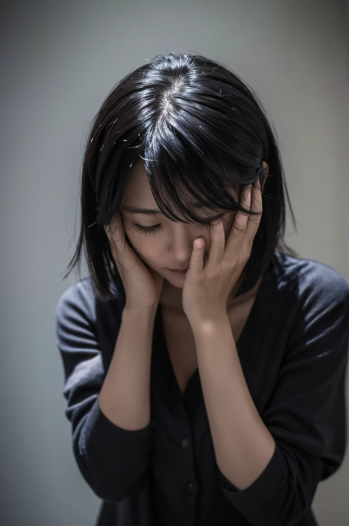 A woman in her 30s with black hair is looking down and covering her face with both hands in distress. The background is dark.