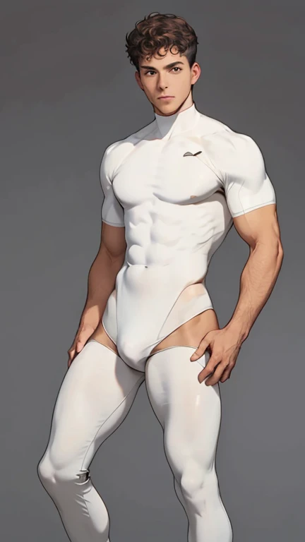 light White  skin, short curly hair, male, male, masculine, light brown skin, brown, brown hair, brown eyes, tight White  body suit, black boots, large thighs, muscular, feminine body, slim waist, male, large hips, full body, one person, Rear bottom view 