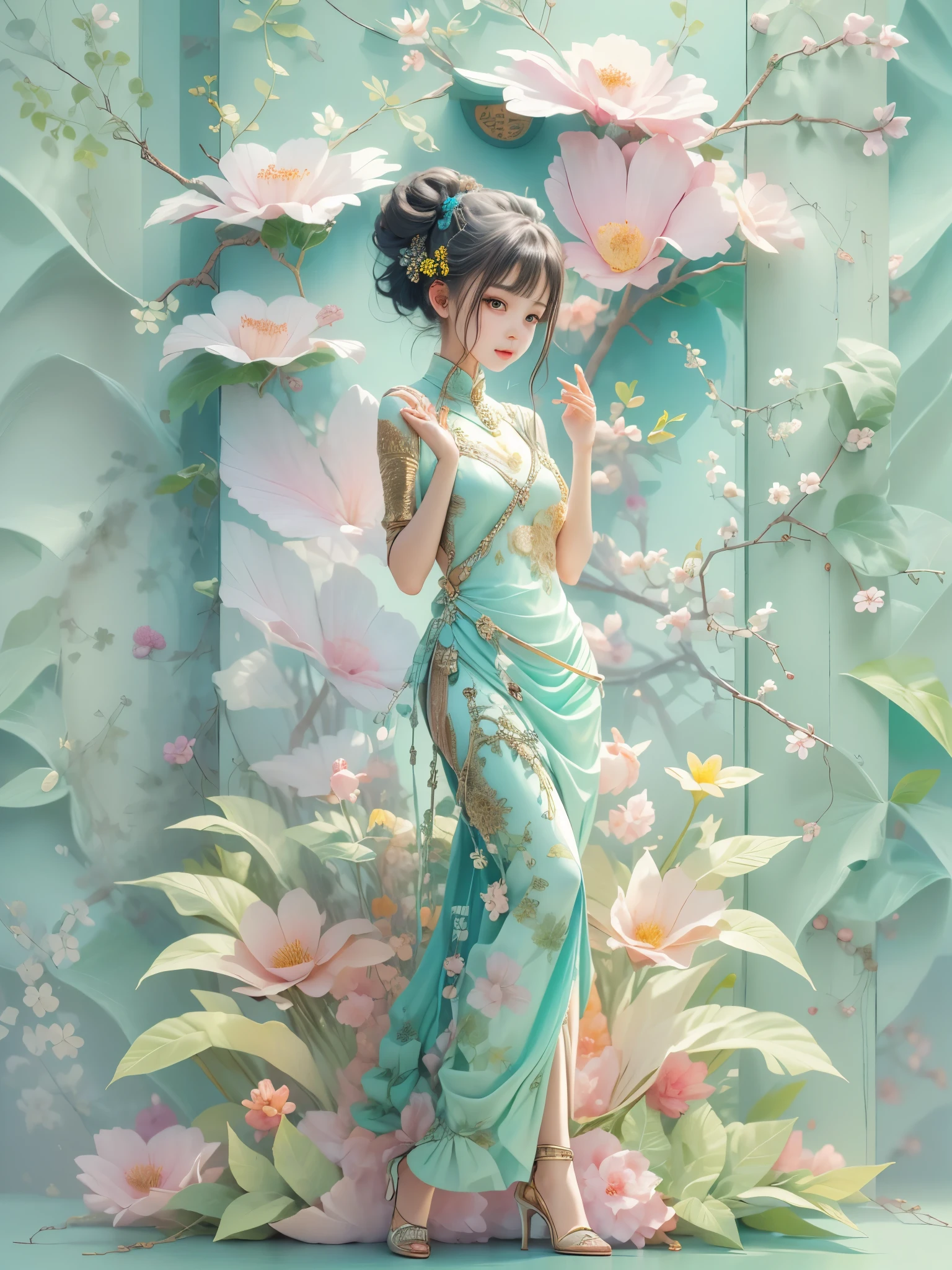 (paper art, Quilted paper art, 3d), (full-body shot:1.5), 1 Cheongsam woman，shy，slim body，Perfect proportions，Exquisite hair accessories，Smile，Oriental elements，Simple background，Mint Green，(Soft lighting，bokeh)，high quality，4K