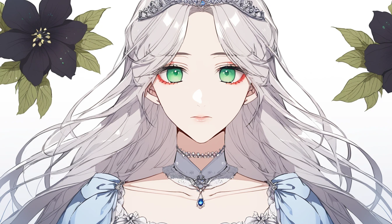 shoujo-style, (floral background), romance manhwa, (2girls, aligned), silver hair, blonde hair, solo, long hair, flower, dress, tiara, white dress, gloves, long sleeves, choker, green eyes, red eyes, mascara, makeup, white gloves, black bow, black flower, wavy hair, bow, jewelry, looking at viewer, white background, collarbone, puffy sleeves, silver accessories, upper body, parted bangs, very long hair, blue dress, frills, bangs, closed mouth, detailed eyes, (close up), gleaming skin, shiny glossy skin