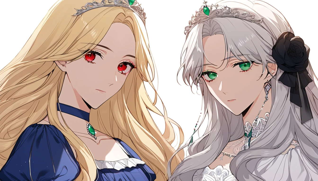 shoujo-style, (floral background), romance manhwa, (2girls, aligned), silver hair, blonde hair, solo, long hair, flower, dress, tiara, white dress, gloves, long sleeves, choker, green eyes, red eyes, mascara, makeup, white gloves, black bow, black flower, wavy hair, bow, jewelry, looking at viewer, white background, collarbone, puffy sleeves, silver accessories, upper body, parted bangs, very long hair, blue dress, frills, bangs, closed mouth, detailed eyes, (close up), gleaming skin, shiny glossy skin