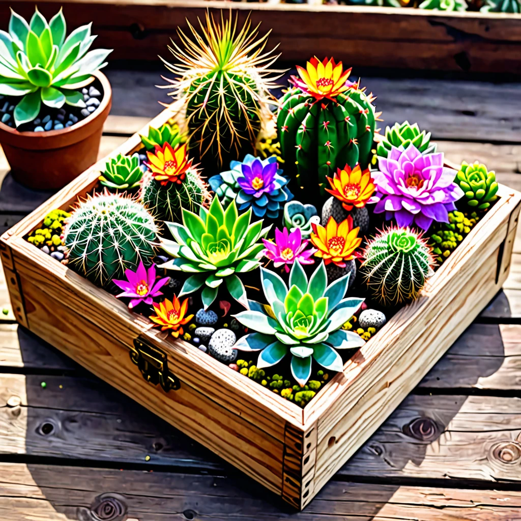 Cacti and succulents, small vibrant and colorful wild flowers in a wooden box filled with moss and small pumice stones in a warm and magnificent birthday atmosphere.
complex digital painting