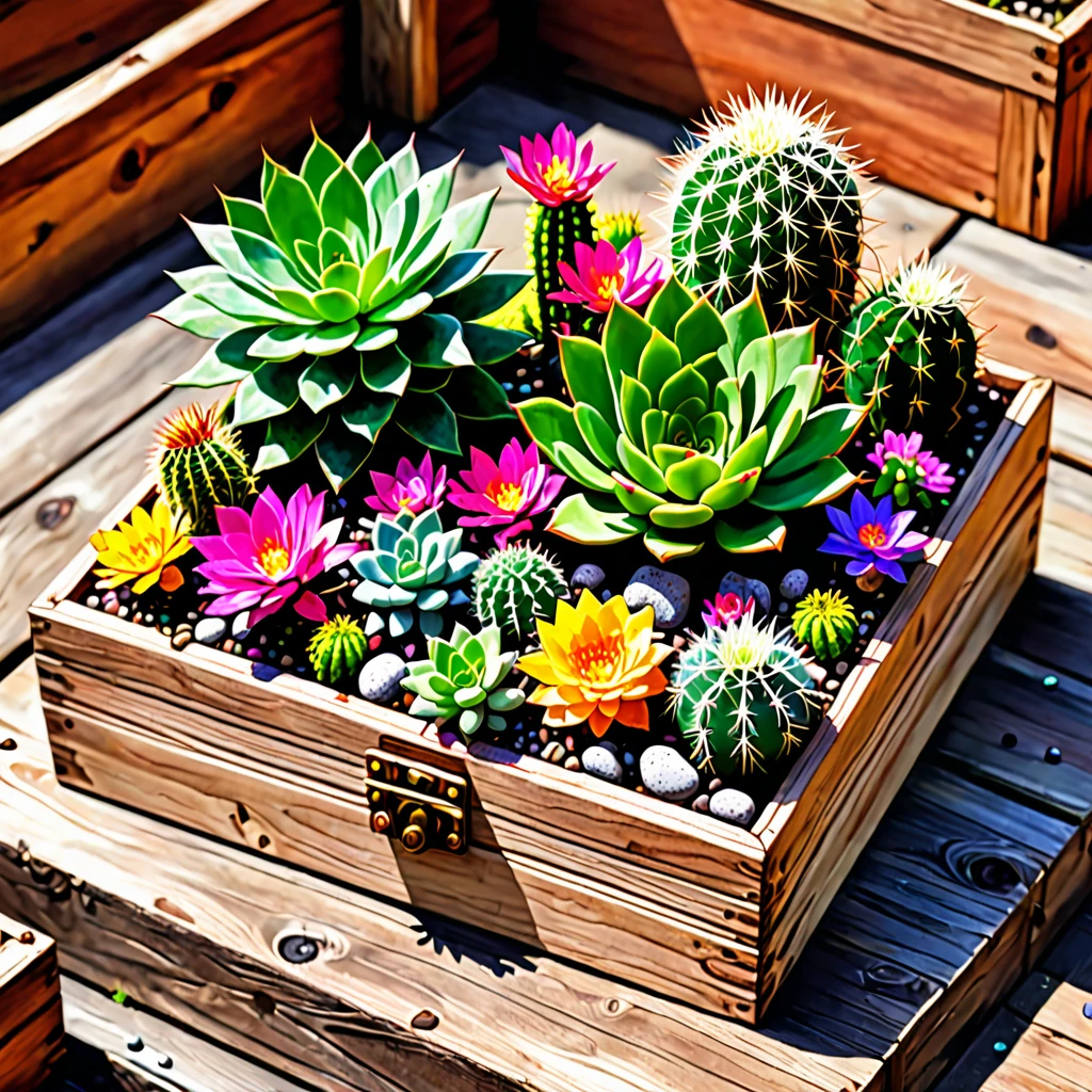 Cacti and succulents, small vibrant and colorful wild flowers in a wooden box filled with moss and small pumice stones in a warm and magnificent birthday atmosphere.
complex digital painting