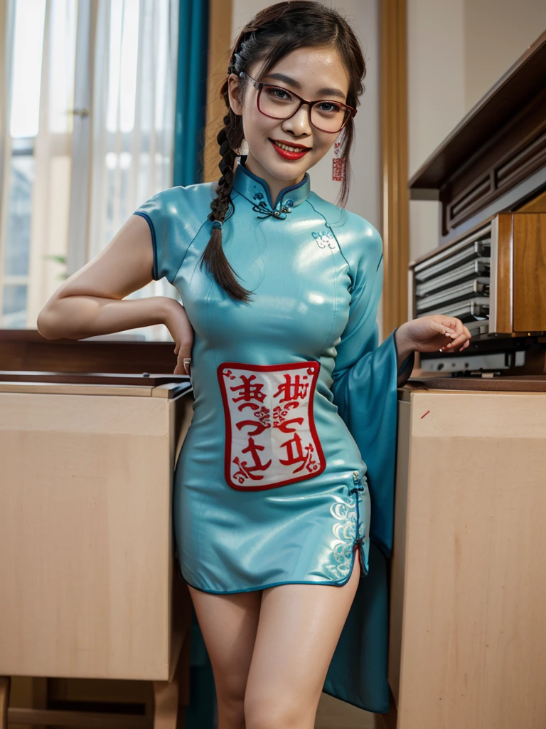 ((best quality)), ((Masterpiece)), (4k details), realistic, full body, ((( Asian woman))), ((Cheongsam)), Braid, Eyes in front of the camera, porn, , red lips, smile showing teeth, (((The real organ is not distorted.))), Wear glasses, short hair,