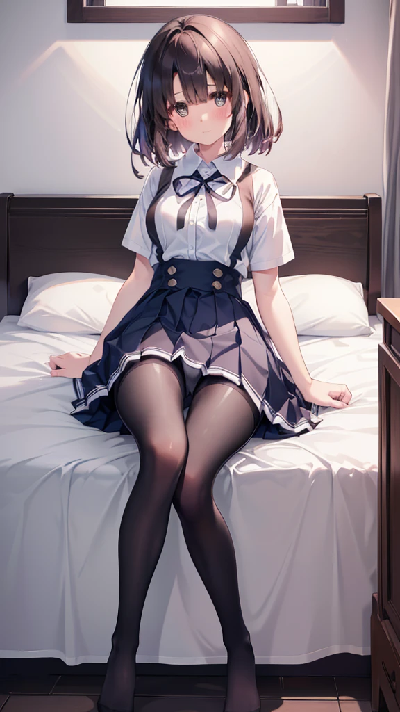 (8K、Best image quality、Highest quality、masterpiece)、One tall girl、((whole body))、M-shaped legs spread in bed、White panties are visible、Wavy Hair、blush、Medium Bust、White collared shirt、Short sleeve、((Checkered pleated mini skirt))、((black tights))、Black Pantyhose、((No shoes))