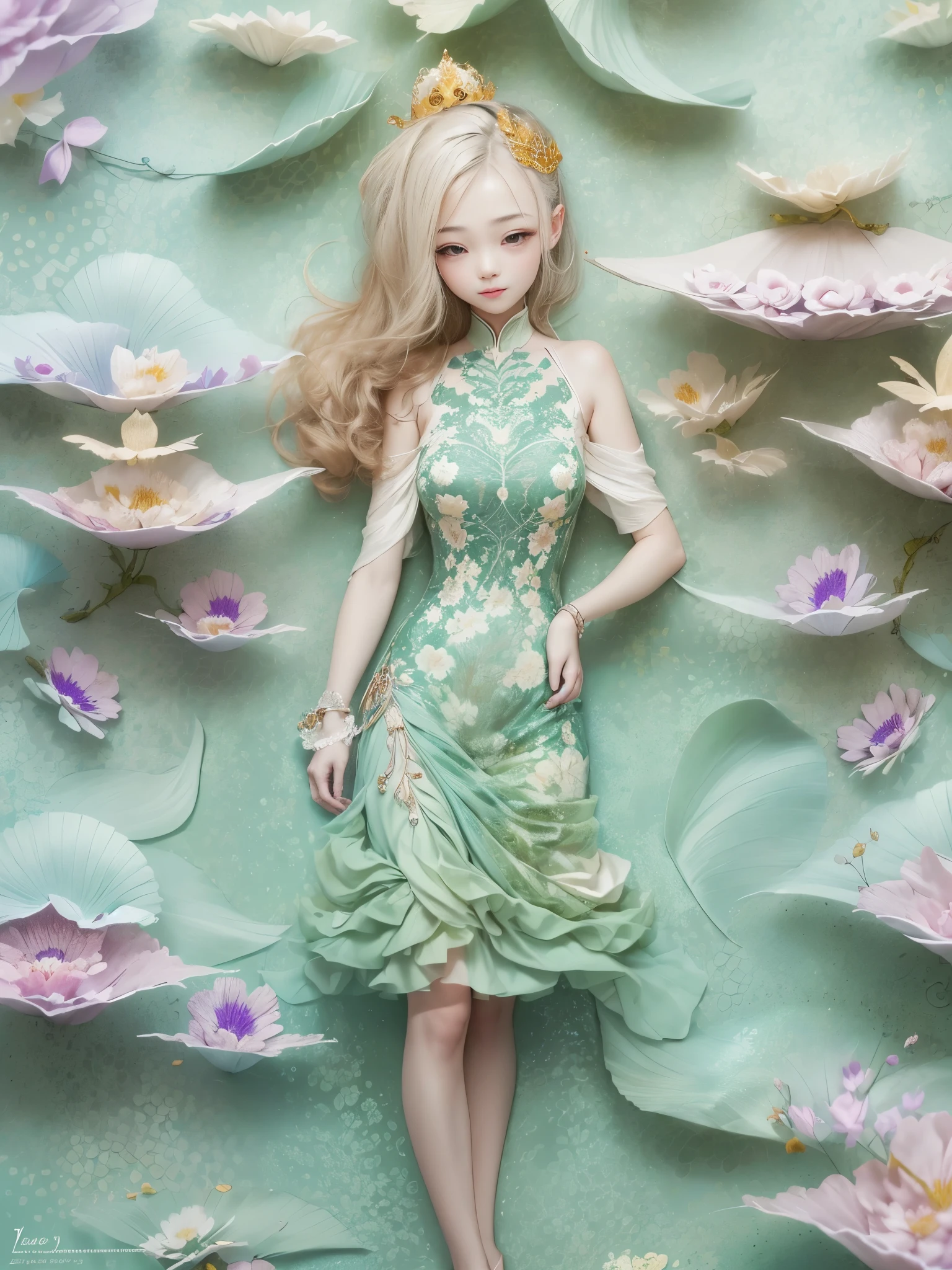 (paper art, Quilted paper art, 3d), (full-body shot:1.5), 1 Cheongsam woman,shy,slim body,Perfect proportions,Exquisite hair accessories,Smile,Oriental elements,Simple background,Mint Green,(Soft lighting,bokeh),high quality,4K