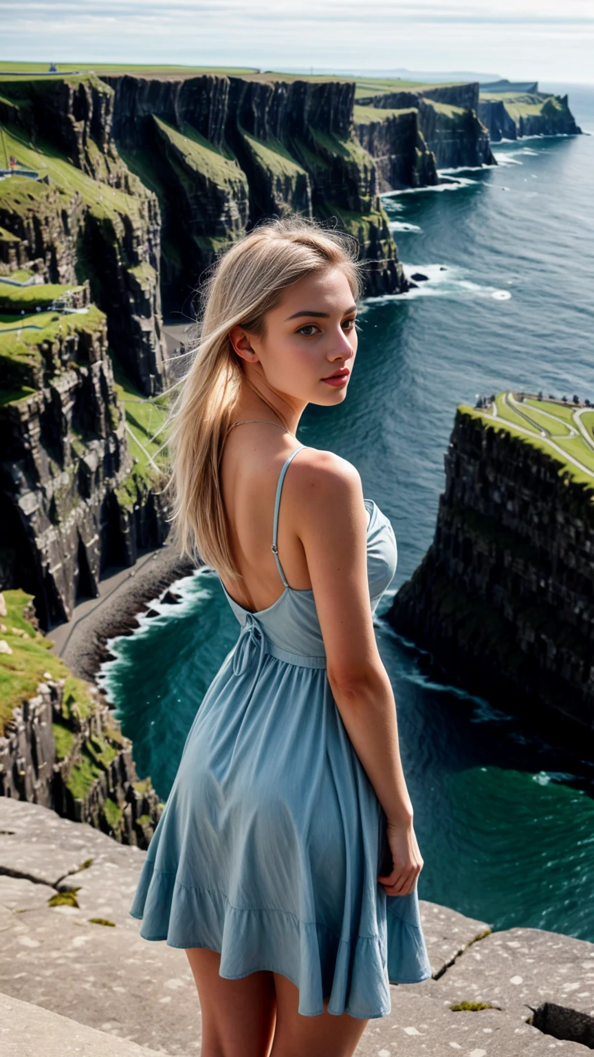A beautiful europian girl, from behind, wearing crepe de Chine dress, sky blue dress, standing on the edge of the Moher Cliffs. She is 24 years old, has white hair and grey eyes. Her cloth is stylish and her overall appearance is stunning. The girl's face is extremely detailed with beautifully detailed lips. Her skin is anatomically correct with realistic textures. The image should have super high details and be of the best quality, with a resolution of 8K. The final result should be a masterpiece, showcasing the girl's beauty and the vibrant atmosphere of the ocean and Moher Cliffs