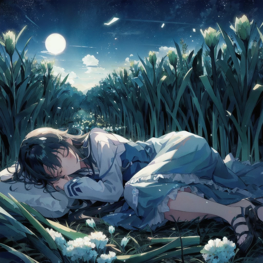 Anime girl sleeping on a blanket in a field of leeks, Spring onion,Nightcore, Anime Background, A dreamlike night, Anime Wallpaper, hd Anime Wallpaper, Anime Background art, 4K Manga Wallpapers, Anime Wallpaper, 4k Anime Wallpaper, Makoto Shinkai Cyril Rolland, Anime Images, anime art wallpaper 4k, anime art wallpaper 4k, Anime HD Wallpaper