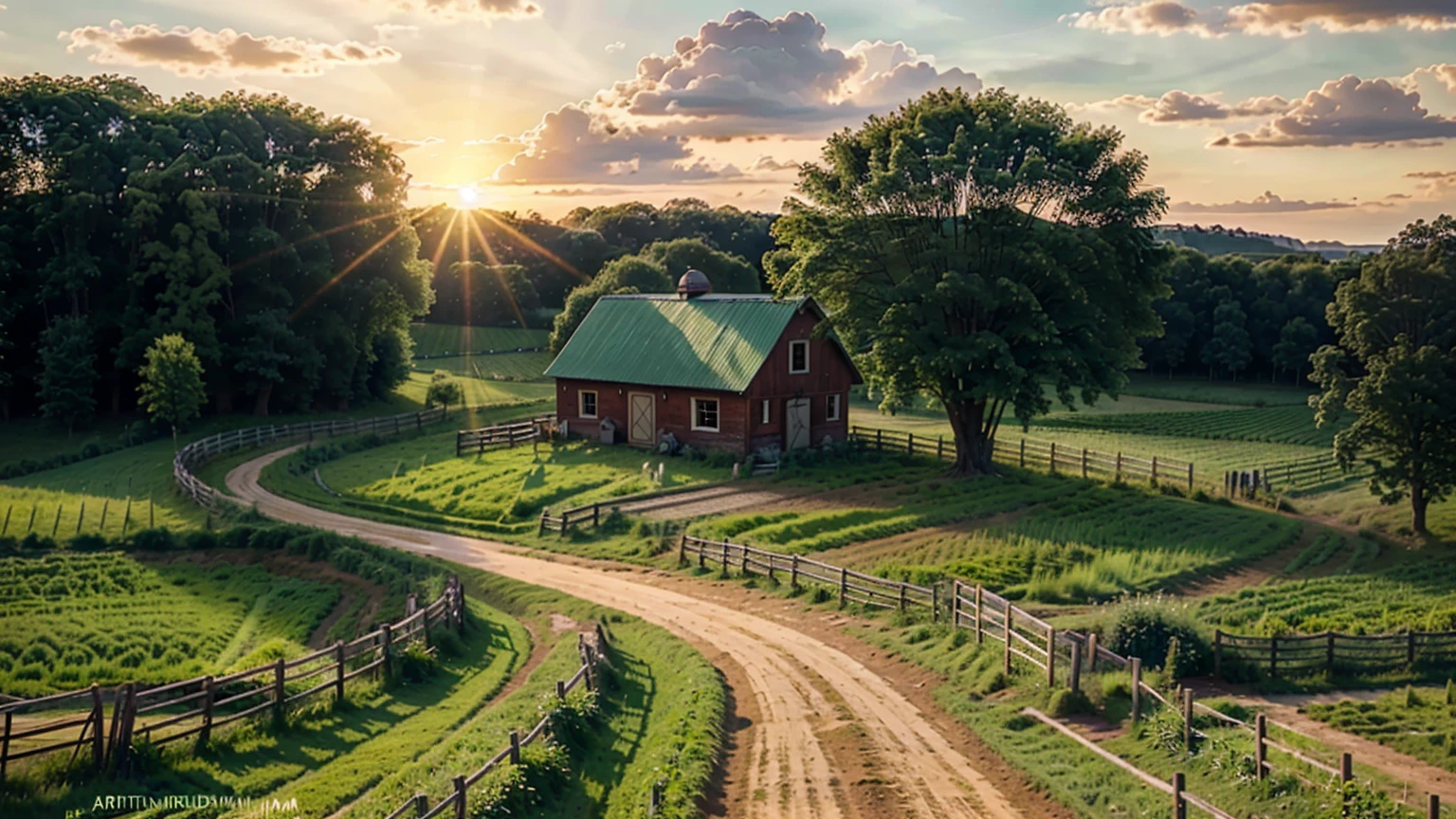 a rural farm with lush green fields, a small wooden house, a red barn, dirt path, detailed landscape, beautiful sky, golden sunlight, cinematic lighting, highly detailed, 8k, photorealistic, artstation, concept art, (ultra-high definition, hyper-realistic, highly detailed, high quality, sharp focus, professional lighting, vivid colors, intricate details),
