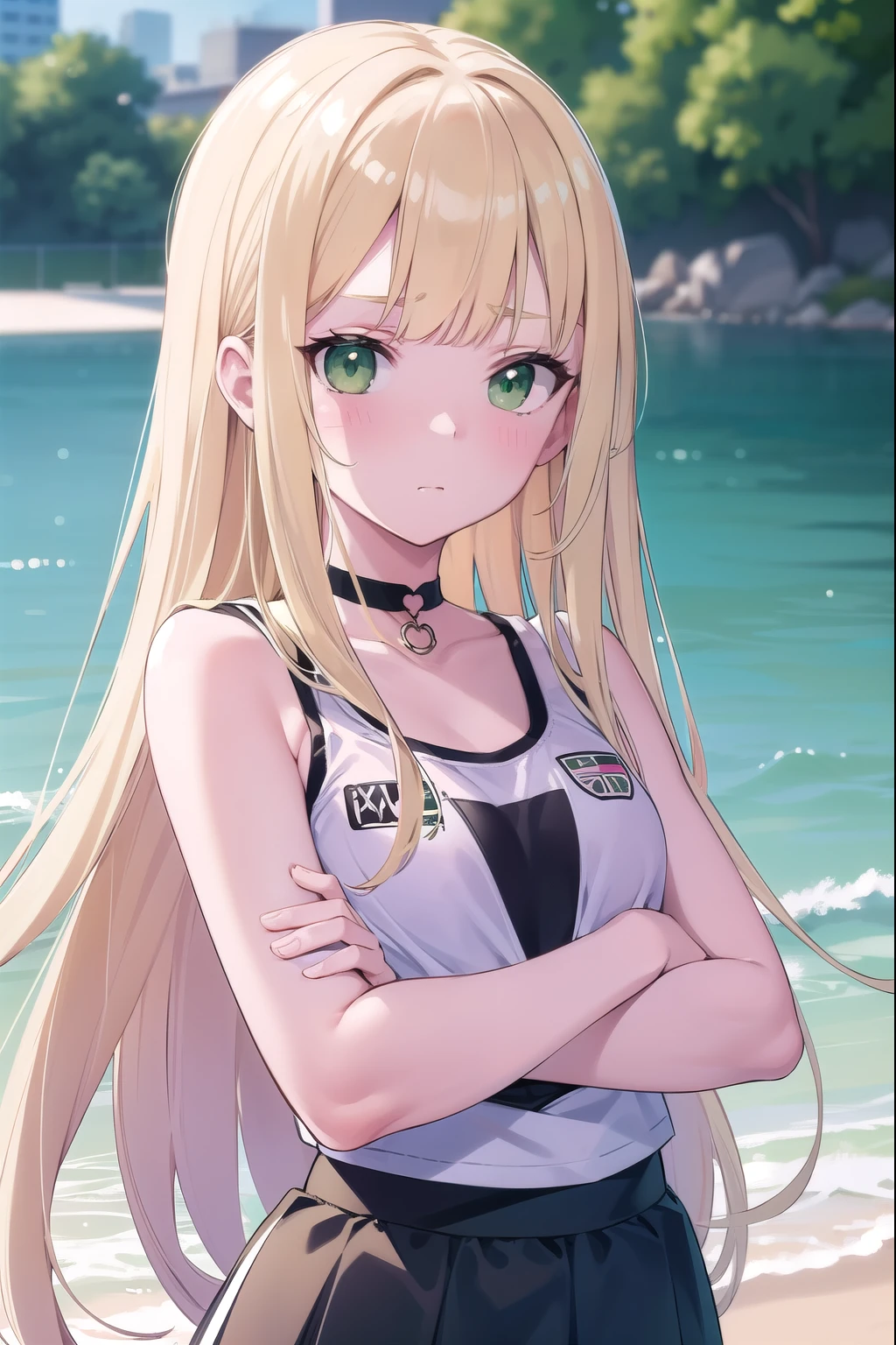 Blonde Hair, choker, (Green Eyes:1.5), Long Hair, dress, skirt, blush, blush stickers, Cross your arms behind your back, Arms folded behind back, school swim wear, break looking at viewer, break outdoors, city, break (masterpiece:1.2), highest quality, High resolution, unity 8k wallpaper, (figure:0.8), (Beautiful fine details:1.6), Highly detailed face, Perfect lighting, Highly detailed CG, (Perfect hands, Perfect Anatomy),