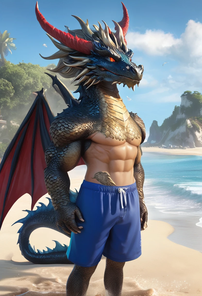 Sunlight，high resolution，4K，love，(((whole body:1.1)))，masterpiece，high quality，Brave and bold，((dragon))，male，(((seaside，Standing on the beach)))，dragonFurry，(youth)，hairy，((Handsome，Smiling Face，Long hair))，((peaceful，Moderate))，(((Well-proportioned body，Small ears，Well-proportioned limbs，dragon尾巴:1.2，Meat pad)))，(((Blue ears:1.5，Dark blue head，dark blue back，Dark blue limbs，White breast，White belly，Red and blue pupils，蓝色Meat pad)))，(((Black swimming trunks，No shoes:1.3)))，Handsome脸庞，Exquisite eyes，Detailed body，Detailed hands，Detailed feet