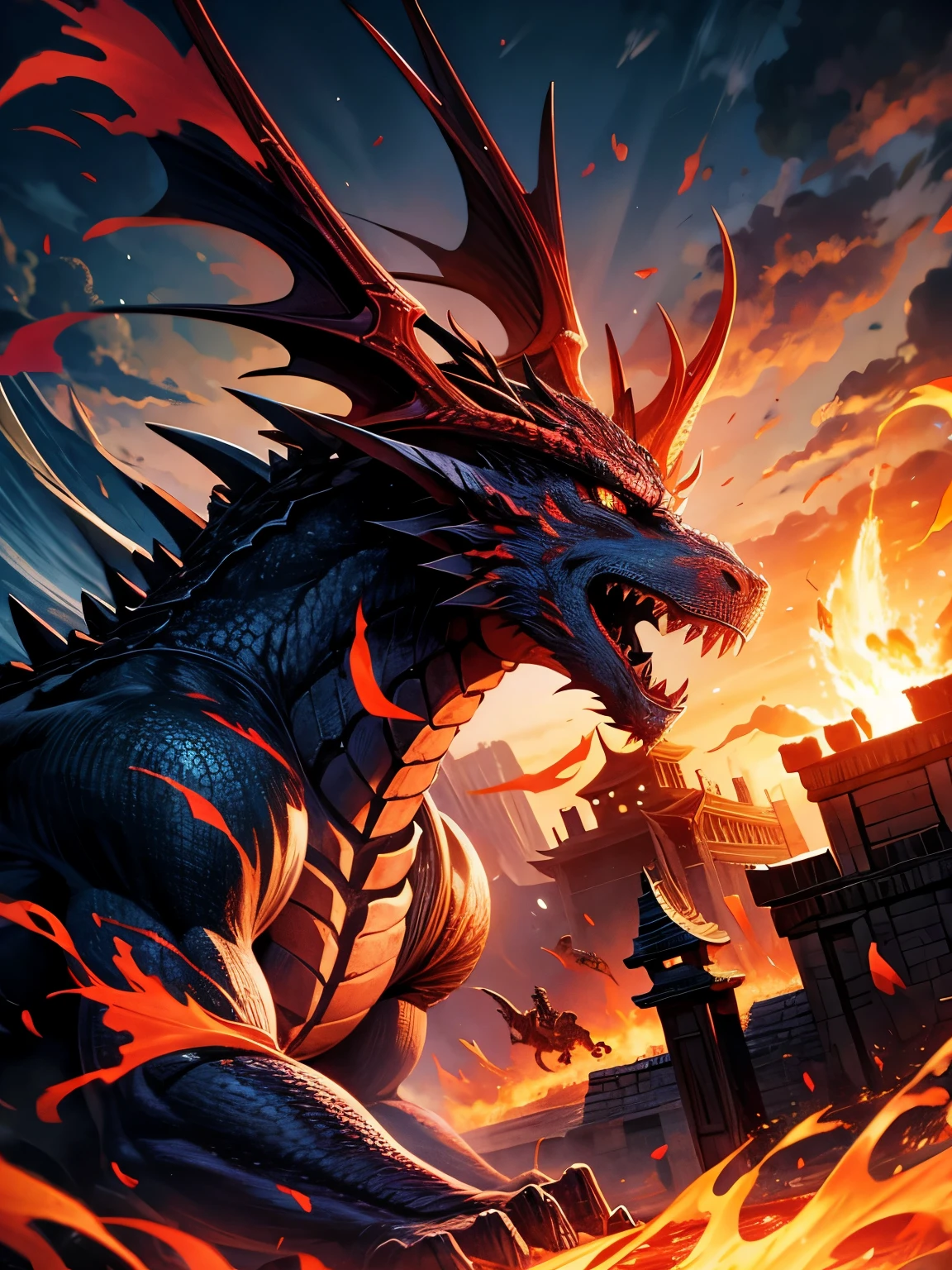 Picture a giant dragon destroying an ancient city.。The dragon blew red-hot flames、Ancient structures and towers are collapsing。The townsfolk are fleeing in despair.。The dragon's appearance is legendary、The scales reflect the light、Feathers cover the sky。