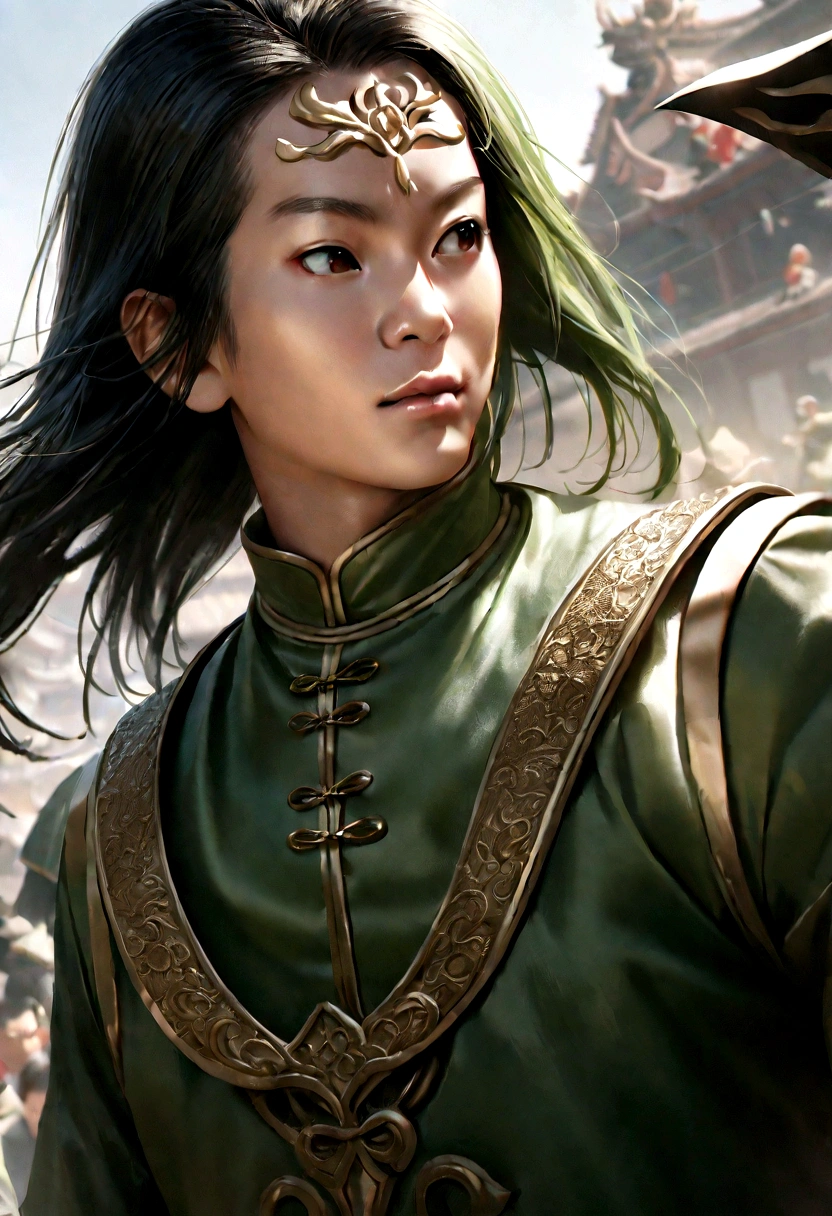In China, He looks like Guan Yu,Wearing green clothes.々Holding a long sword,Funny expression、Gold ring on forehead、Riding the Red Hare、Run in the sky、masterpiece、Photorealistic、High contrast
