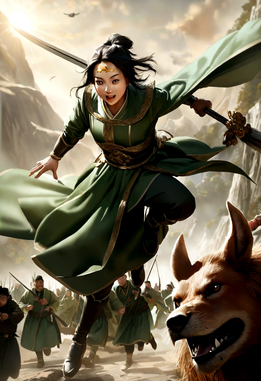 In China, He looks like Guan Yu,Wearing green clothes.々Holding a long sword,Funny expression、Gold ring on forehead、Riding the Red Hare、Run in the sky、masterpiece、Photorealistic、High contrast