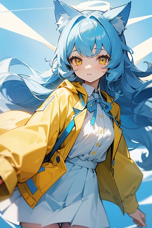 Light blue, slightly long curly hair、Cat ear、Yellow Eyes、White blouse、Yellow jacket、Light blue skirt、Light blue ribbon on chest、Girl、cute